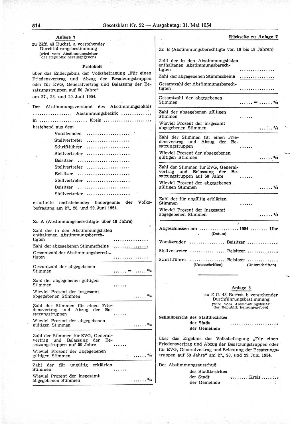 Gesetzblatt (GBl.) der Deutschen Demokratischen Republik (DDR) 1954, Seite 514 (GBl. DDR 1954, S. 514)