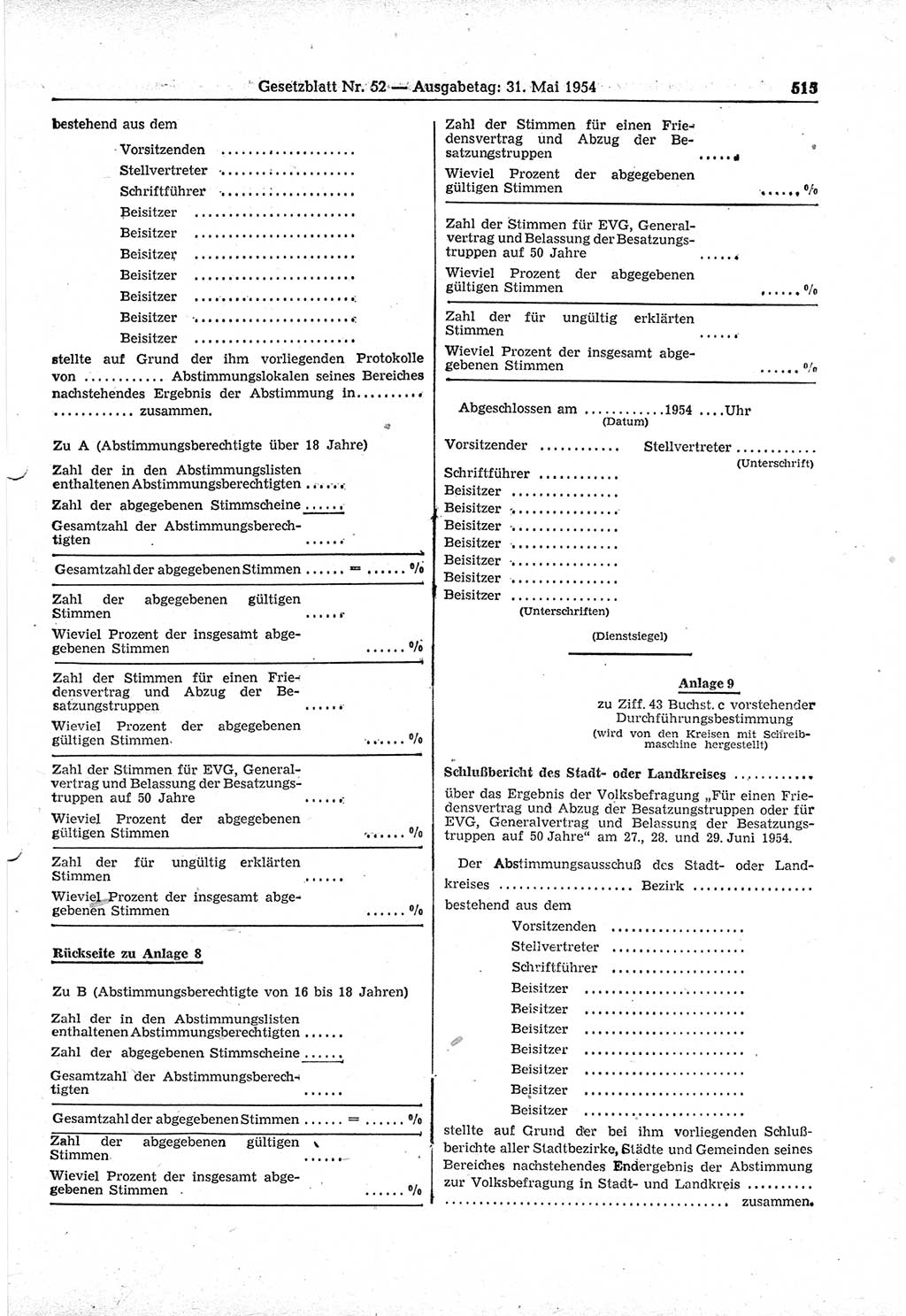 Gesetzblatt (GBl.) der Deutschen Demokratischen Republik (DDR) 1954, Seite 515 (GBl. DDR 1954, S. 515)