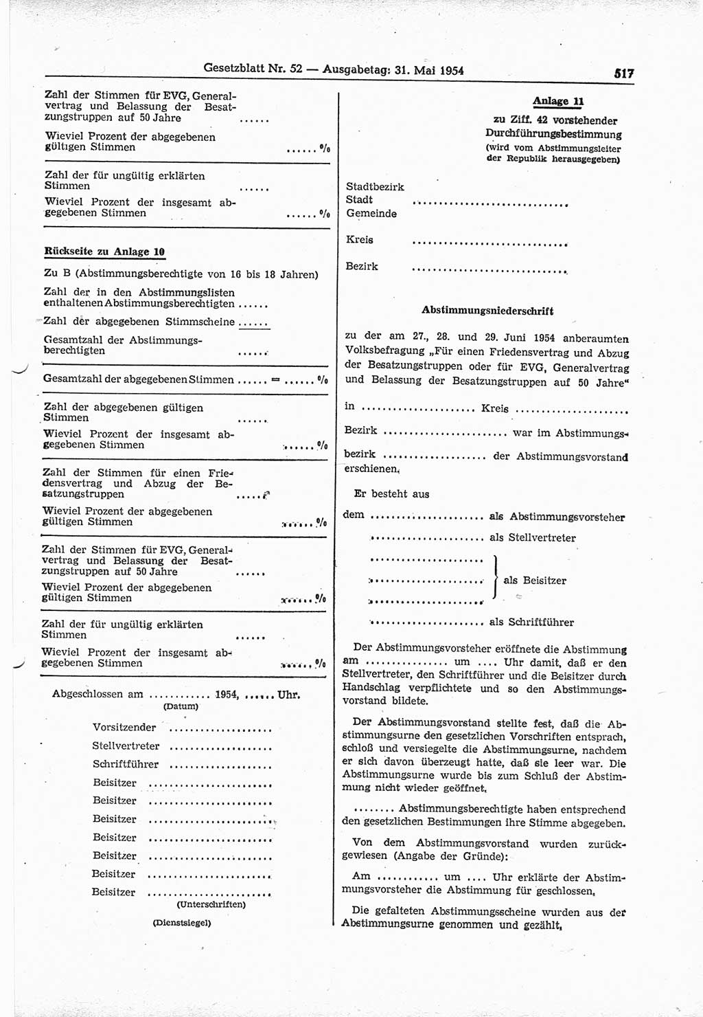 Gesetzblatt (GBl.) der Deutschen Demokratischen Republik (DDR) 1954, Seite 517 (GBl. DDR 1954, S. 517)