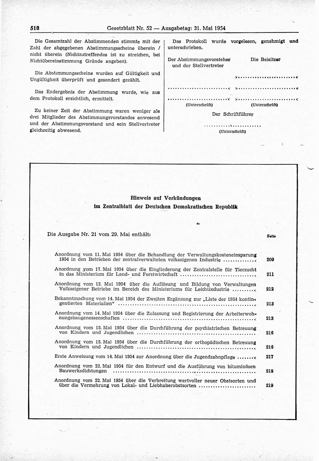Gesetzblatt (GBl.) der Deutschen Demokratischen Republik (DDR) 1954, Seite 518 (GBl. DDR 1954, S. 518)