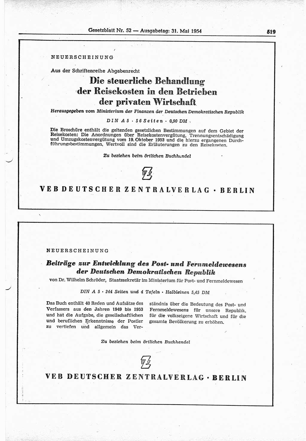 Gesetzblatt (GBl.) der Deutschen Demokratischen Republik (DDR) 1954, Seite 519 (GBl. DDR 1954, S. 519)
