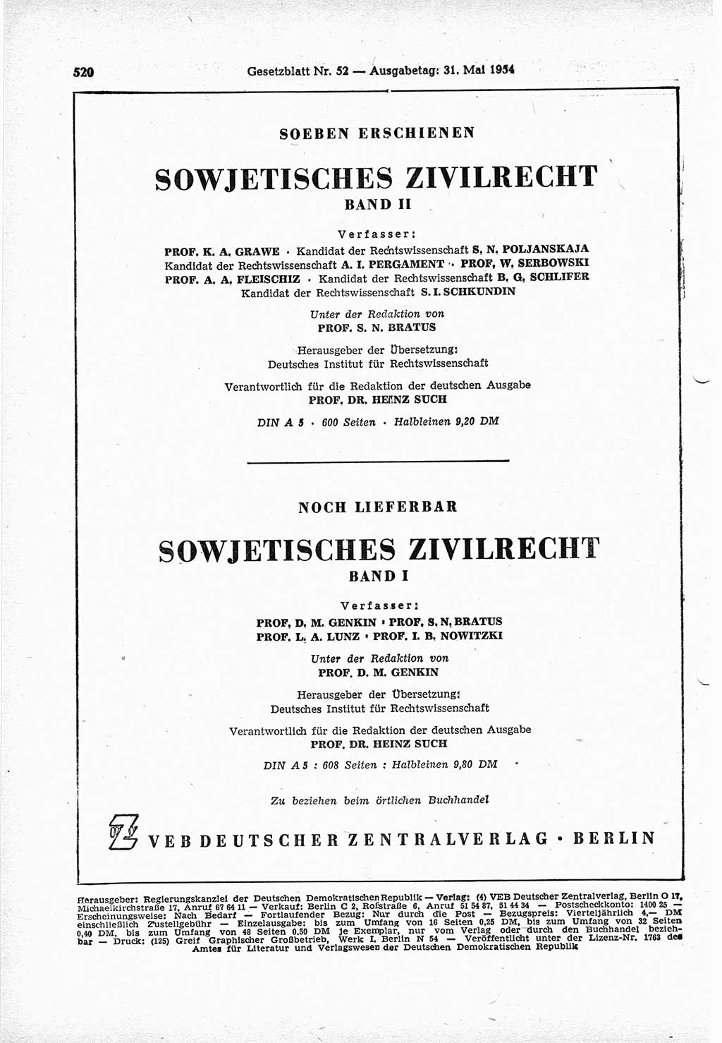 Gesetzblatt (GBl.) der Deutschen Demokratischen Republik (DDR) 1954, Seite 520 (GBl. DDR 1954, S. 520)