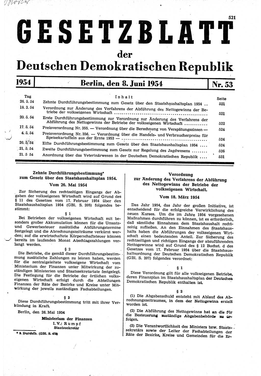 Gesetzblatt (GBl.) der Deutschen Demokratischen Republik (DDR) 1954, Seite 521 (GBl. DDR 1954, S. 521)