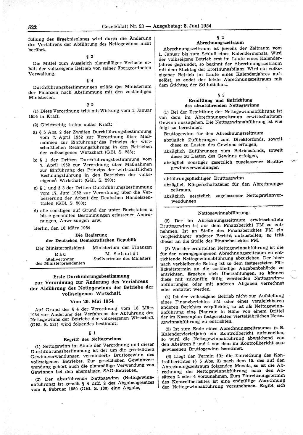 Gesetzblatt (GBl.) der Deutschen Demokratischen Republik (DDR) 1954, Seite 522 (GBl. DDR 1954, S. 522)