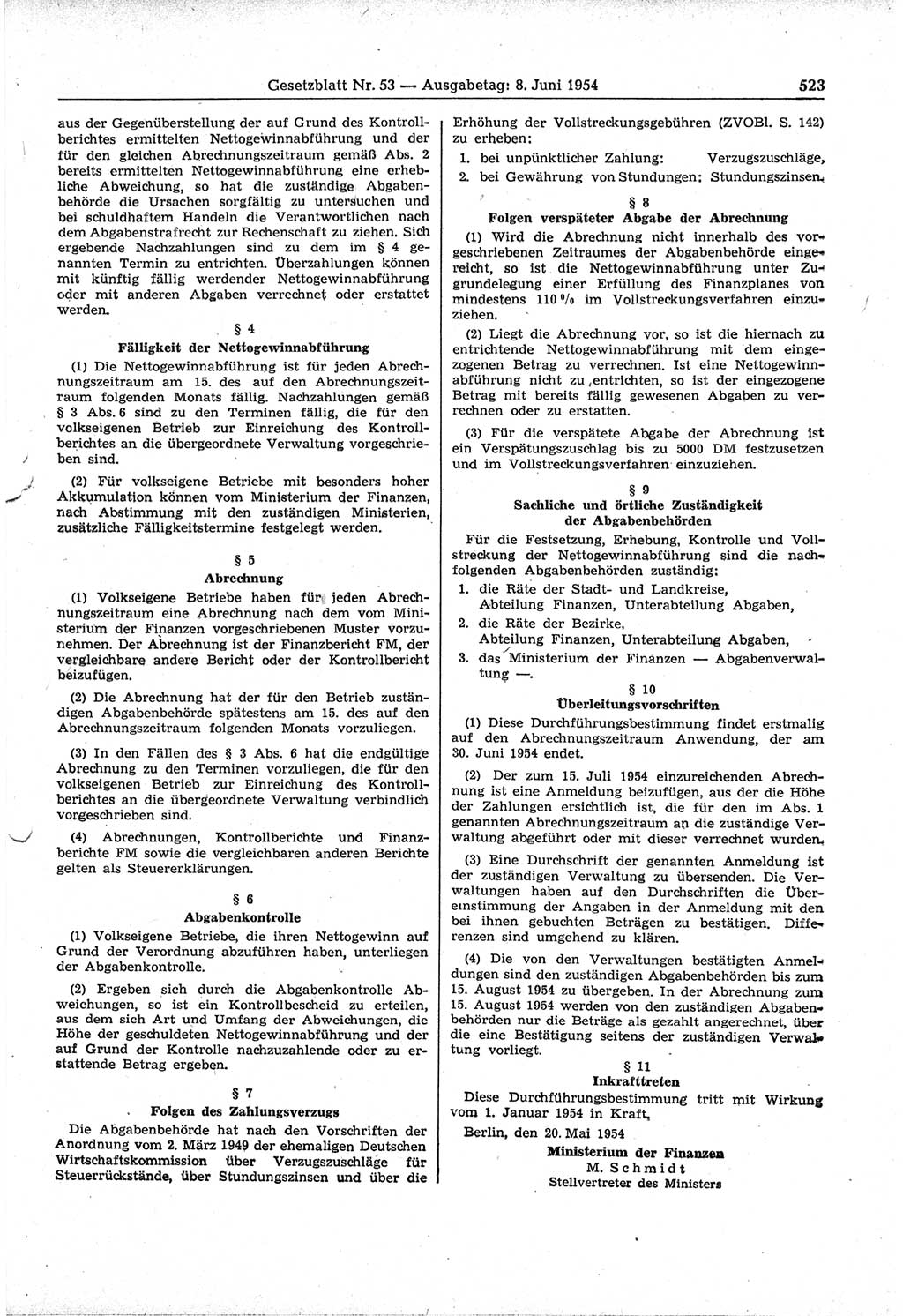 Gesetzblatt (GBl.) der Deutschen Demokratischen Republik (DDR) 1954, Seite 523 (GBl. DDR 1954, S. 523)