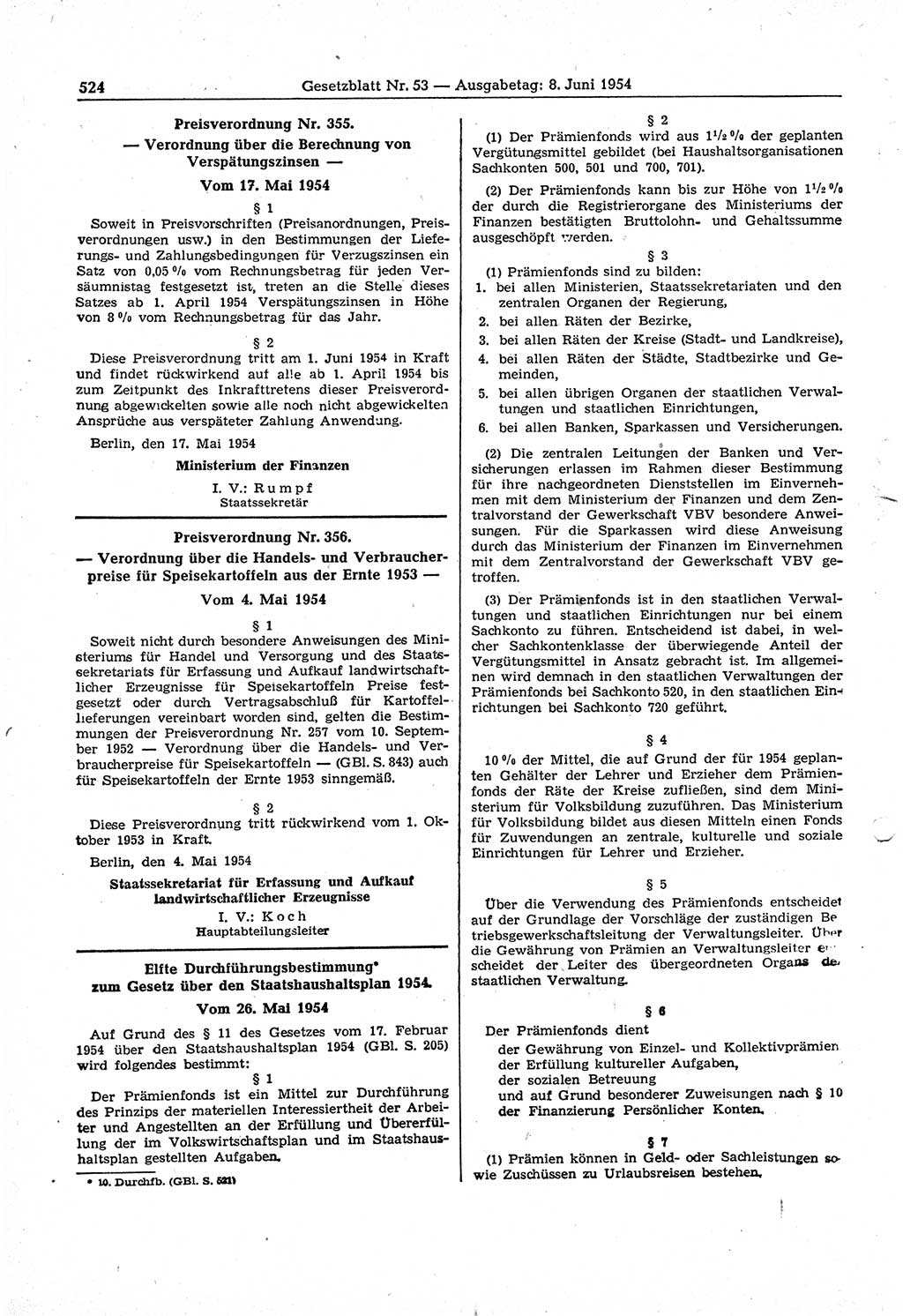 Gesetzblatt (GBl.) der Deutschen Demokratischen Republik (DDR) 1954, Seite 524 (GBl. DDR 1954, S. 524)