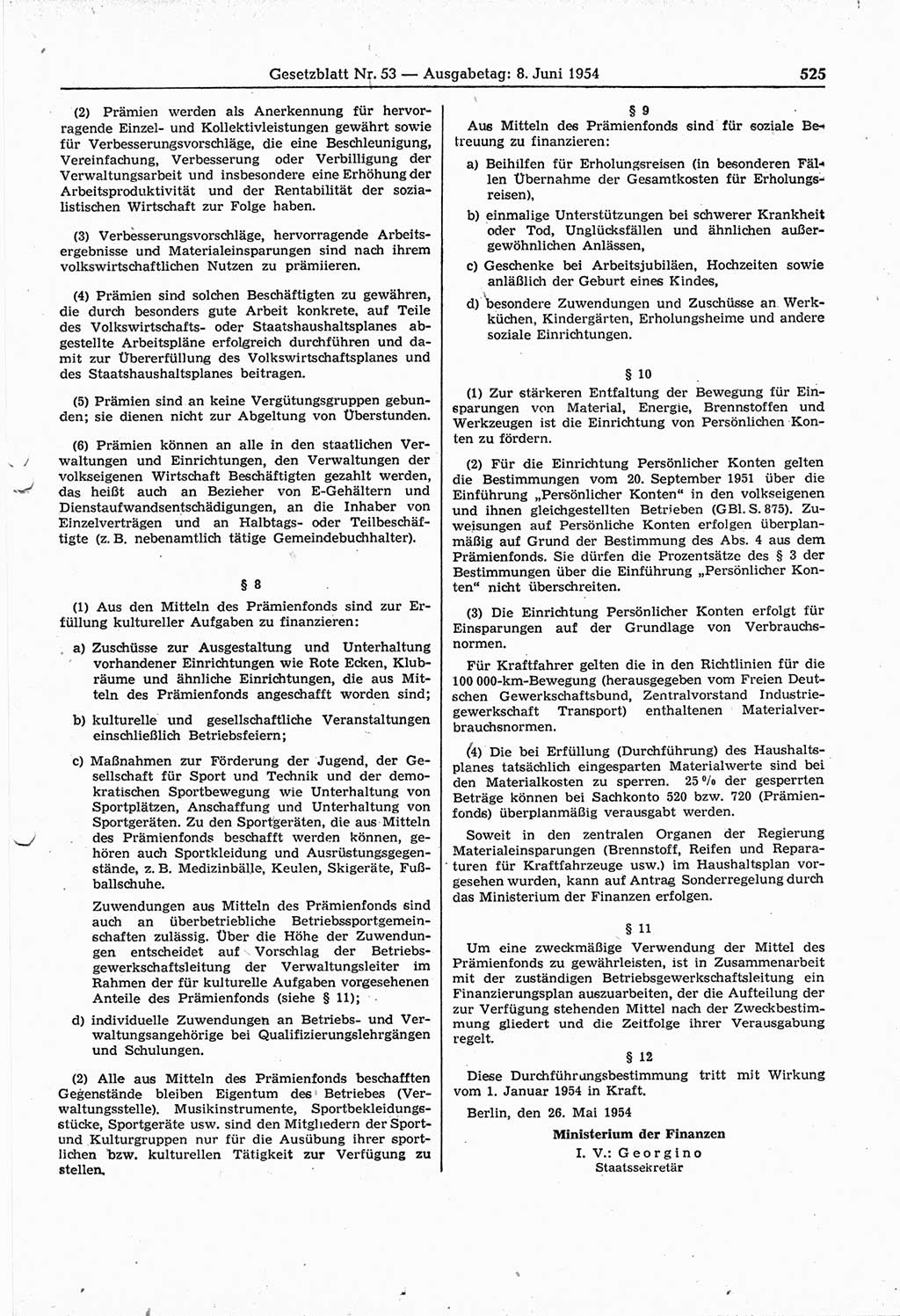 Gesetzblatt (GBl.) der Deutschen Demokratischen Republik (DDR) 1954, Seite 525 (GBl. DDR 1954, S. 525)