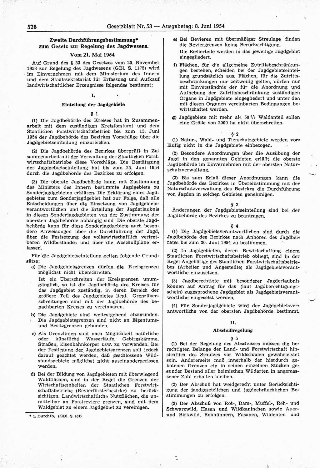 Gesetzblatt (GBl.) der Deutschen Demokratischen Republik (DDR) 1954, Seite 526 (GBl. DDR 1954, S. 526)