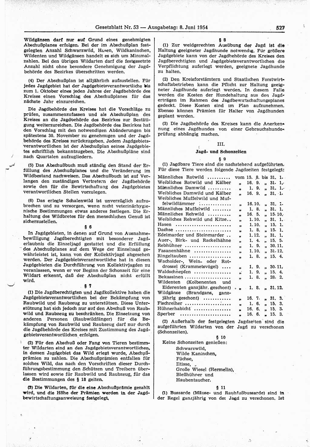 Gesetzblatt (GBl.) der Deutschen Demokratischen Republik (DDR) 1954, Seite 527 (GBl. DDR 1954, S. 527)