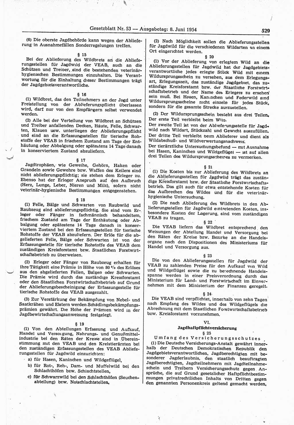 Gesetzblatt (GBl.) der Deutschen Demokratischen Republik (DDR) 1954, Seite 529 (GBl. DDR 1954, S. 529)