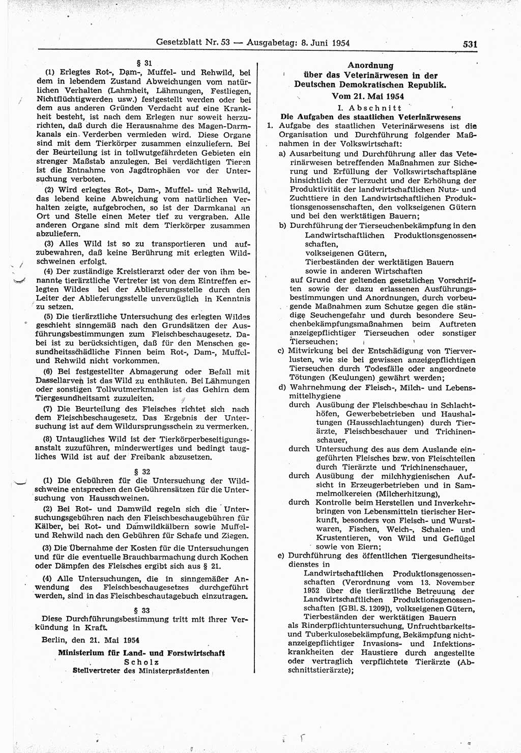 Gesetzblatt (GBl.) der Deutschen Demokratischen Republik (DDR) 1954, Seite 531 (GBl. DDR 1954, S. 531)