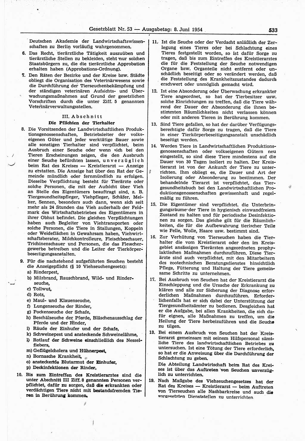 Gesetzblatt (GBl.) der Deutschen Demokratischen Republik (DDR) 1954, Seite 533 (GBl. DDR 1954, S. 533)