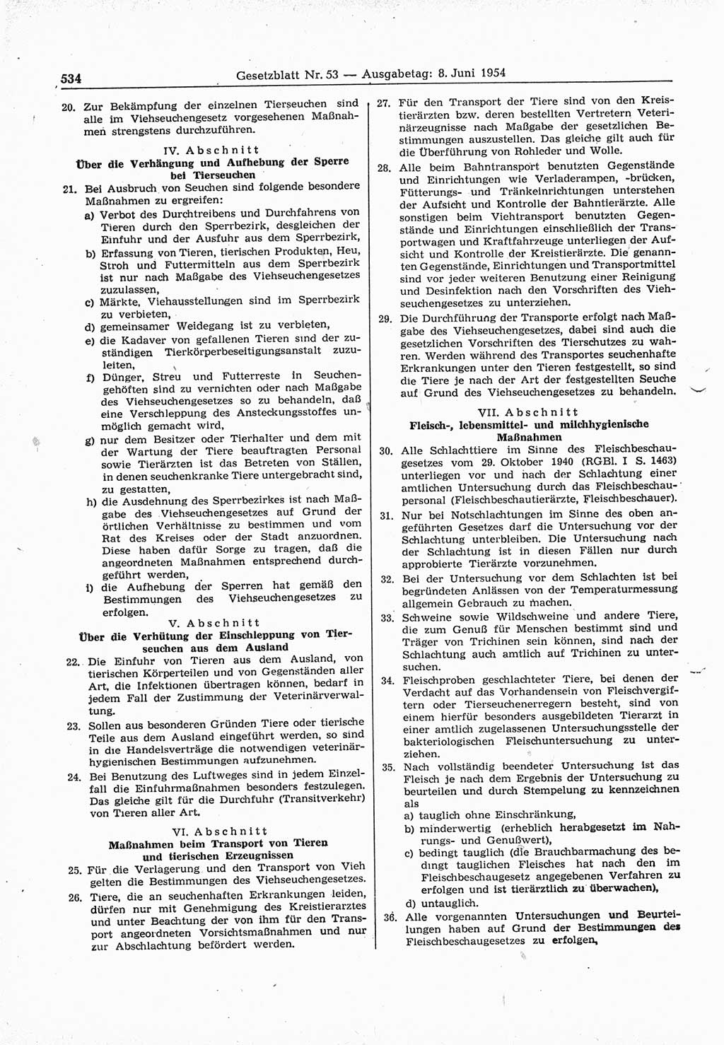 Gesetzblatt (GBl.) der Deutschen Demokratischen Republik (DDR) 1954, Seite 534 (GBl. DDR 1954, S. 534)