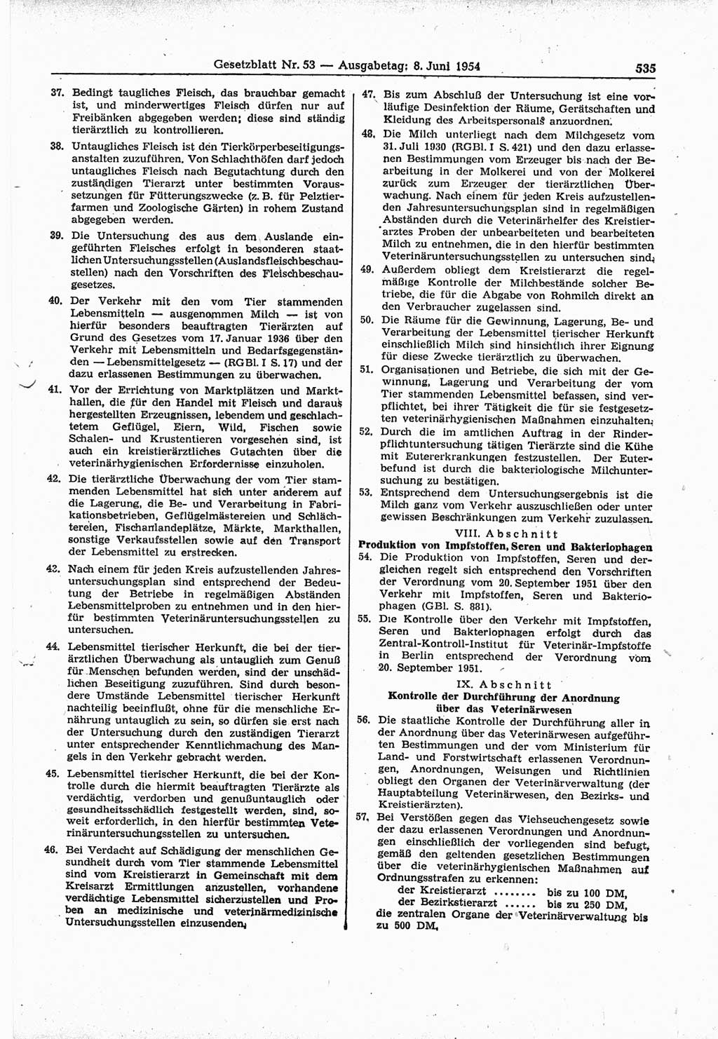 Gesetzblatt (GBl.) der Deutschen Demokratischen Republik (DDR) 1954, Seite 535 (GBl. DDR 1954, S. 535)