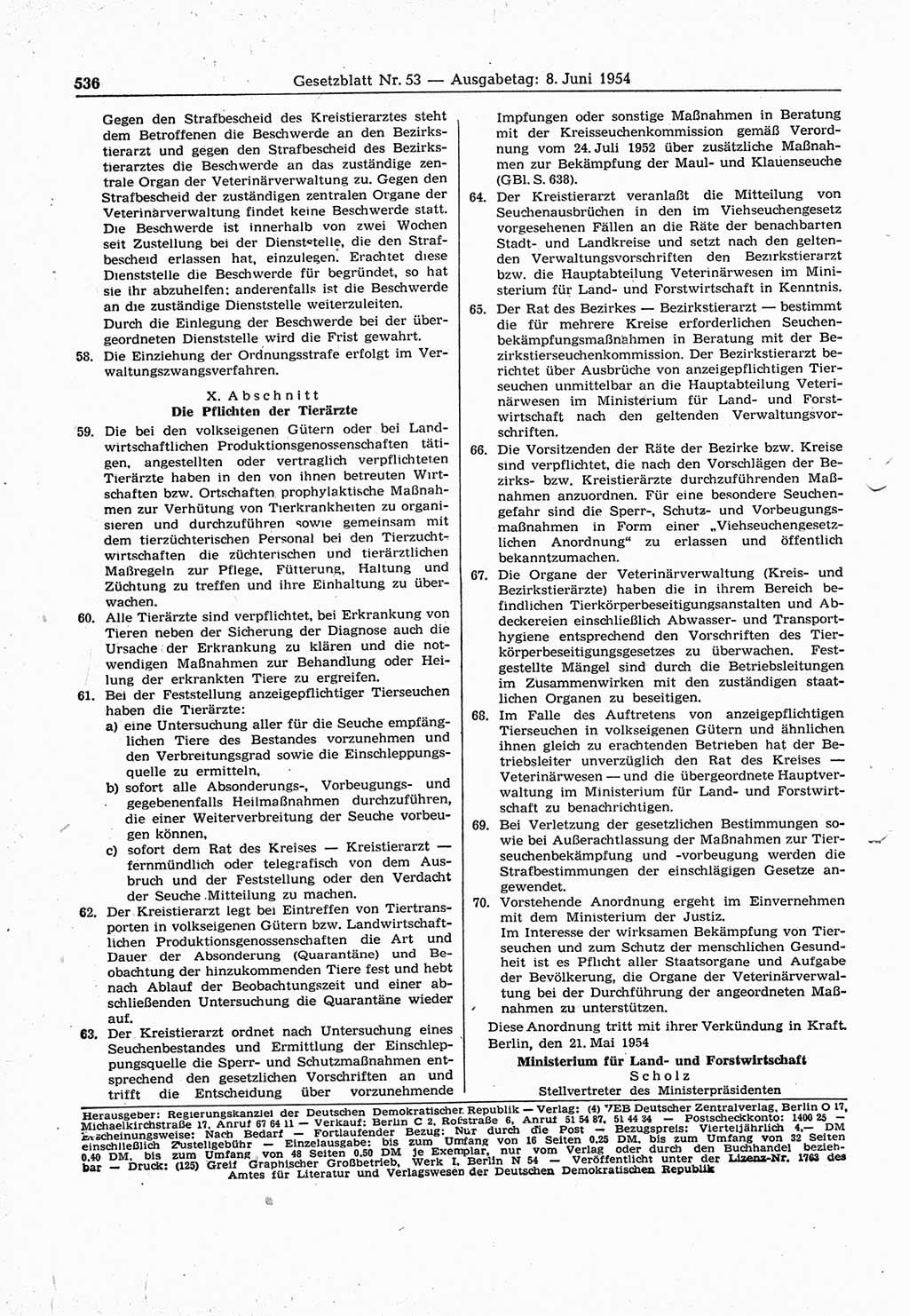 Gesetzblatt (GBl.) der Deutschen Demokratischen Republik (DDR) 1954, Seite 536 (GBl. DDR 1954, S. 536)