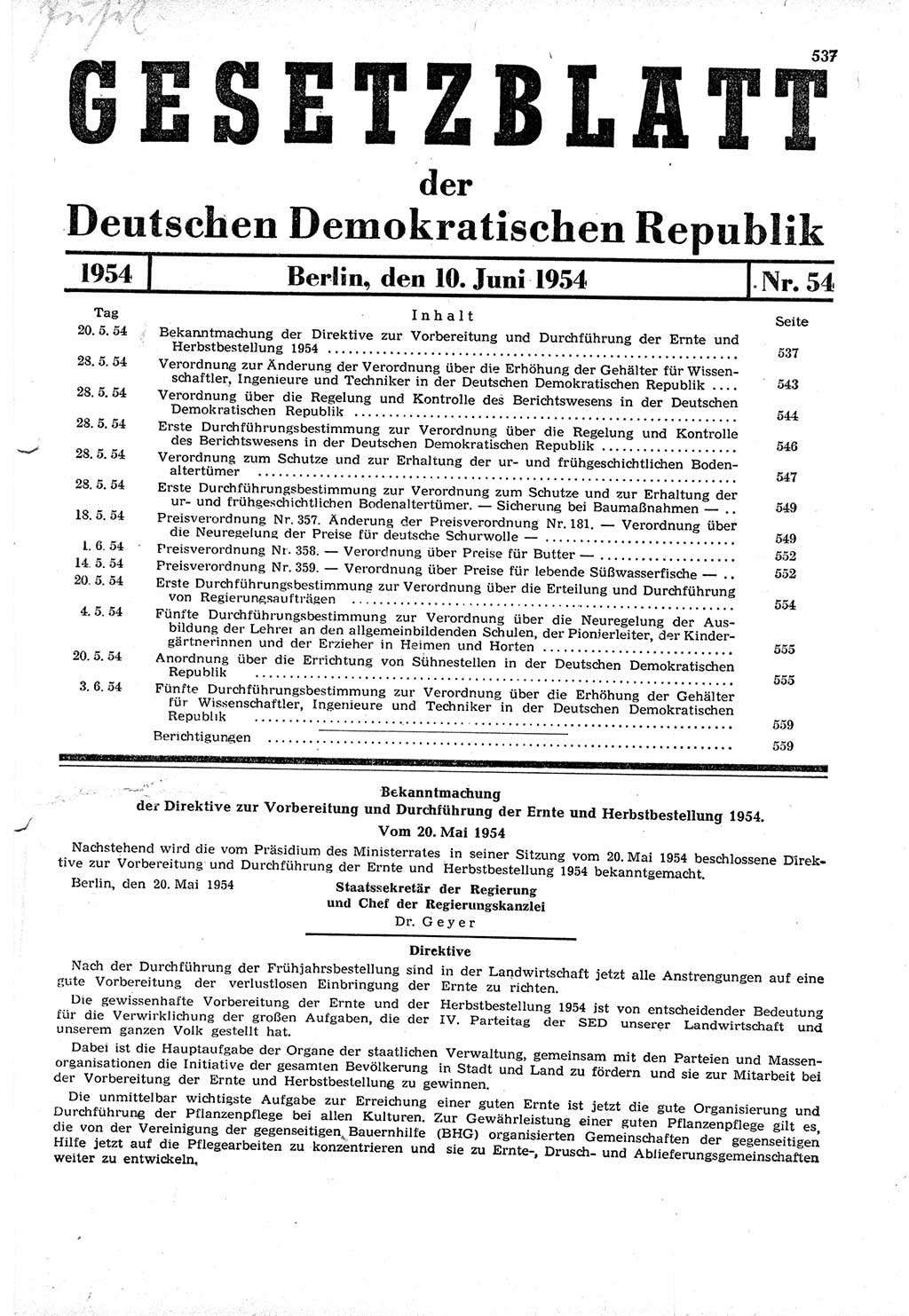 Gesetzblatt (GBl.) der Deutschen Demokratischen Republik (DDR) 1954, Seite 537 (GBl. DDR 1954, S. 537)
