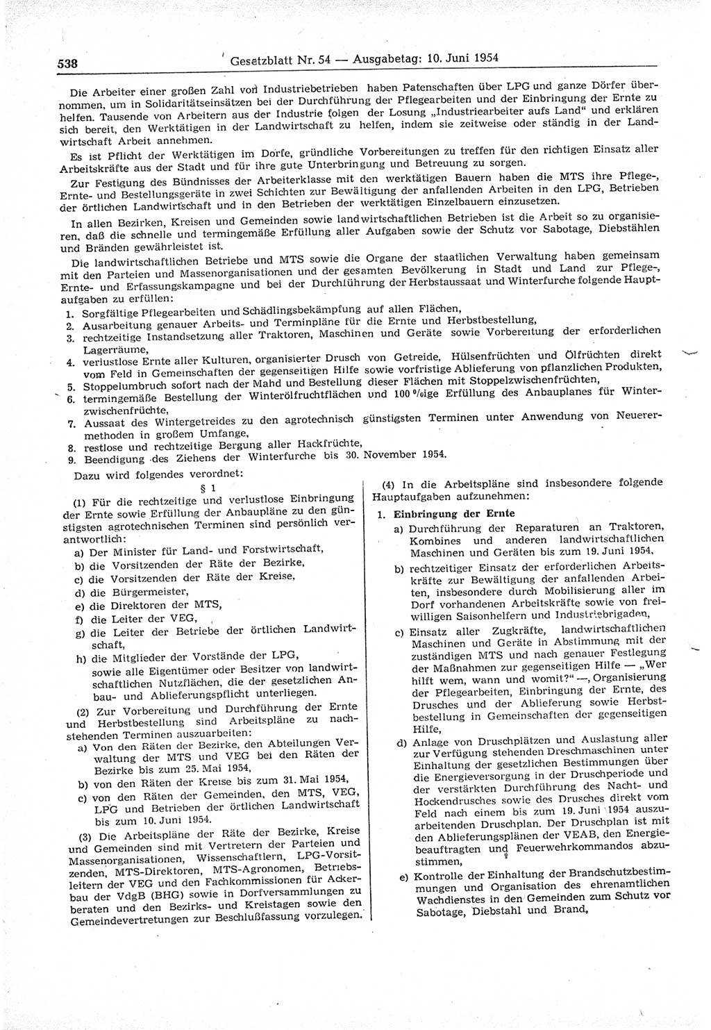 Gesetzblatt (GBl.) der Deutschen Demokratischen Republik (DDR) 1954, Seite 538 (GBl. DDR 1954, S. 538)