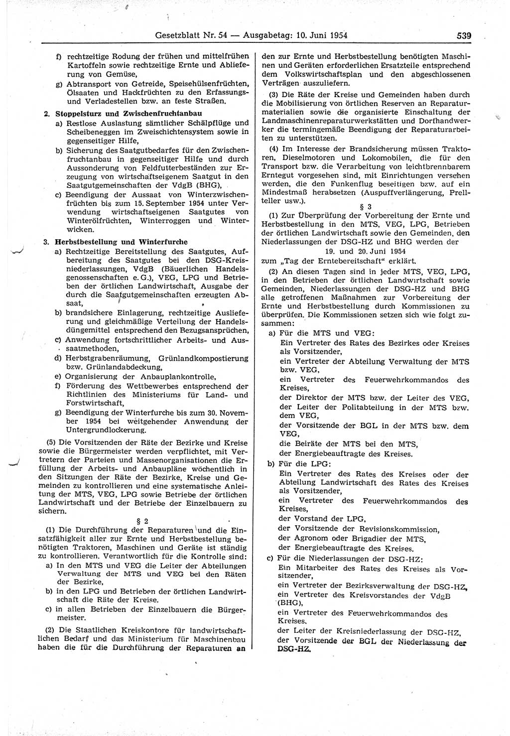 Gesetzblatt (GBl.) der Deutschen Demokratischen Republik (DDR) 1954, Seite 539 (GBl. DDR 1954, S. 539)