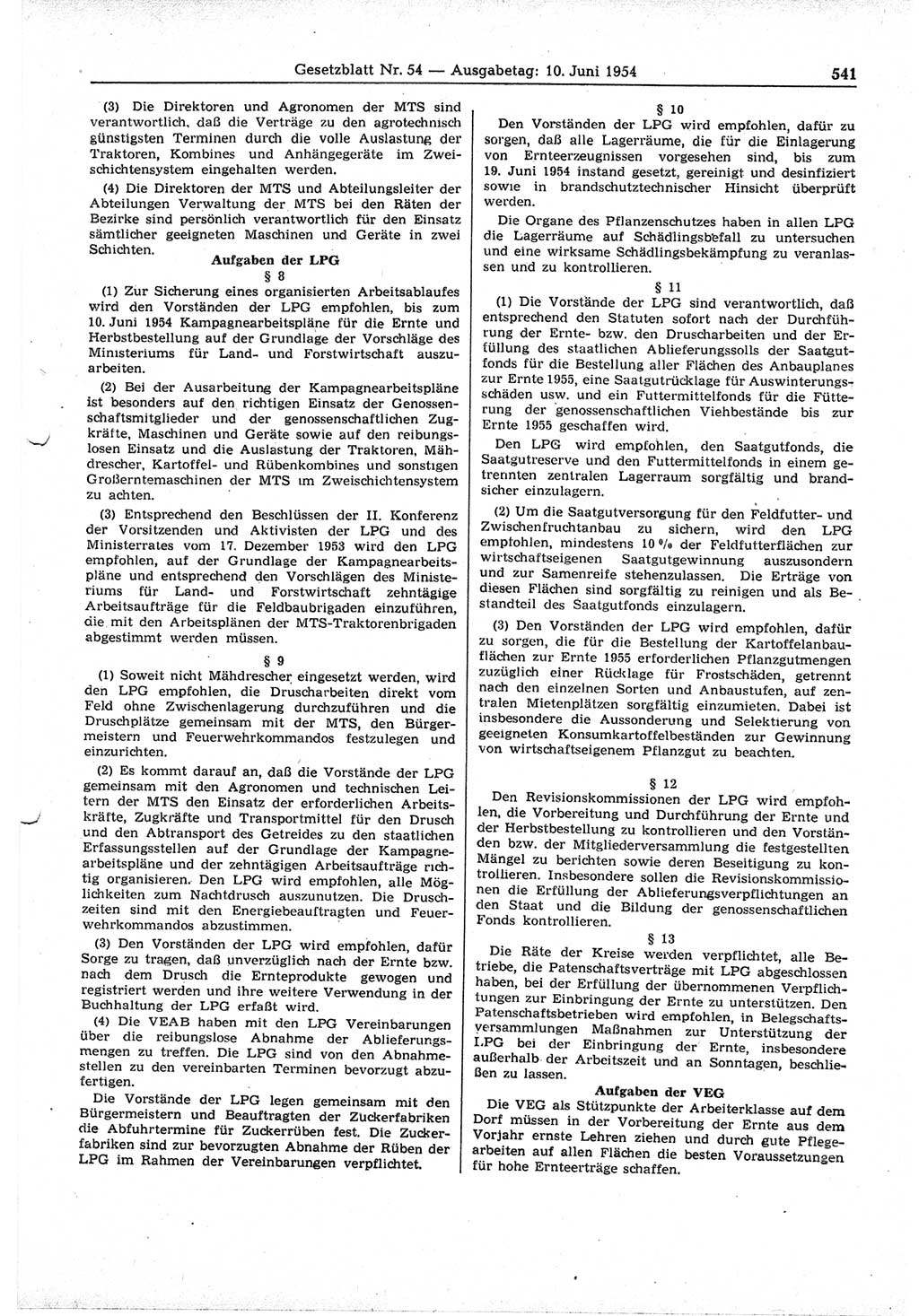 Gesetzblatt (GBl.) der Deutschen Demokratischen Republik (DDR) 1954, Seite 541 (GBl. DDR 1954, S. 541)