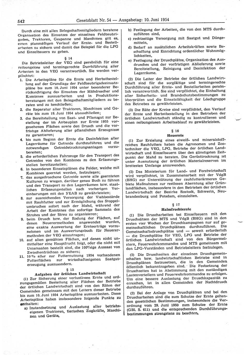 Gesetzblatt (GBl.) der Deutschen Demokratischen Republik (DDR) 1954, Seite 542 (GBl. DDR 1954, S. 542)