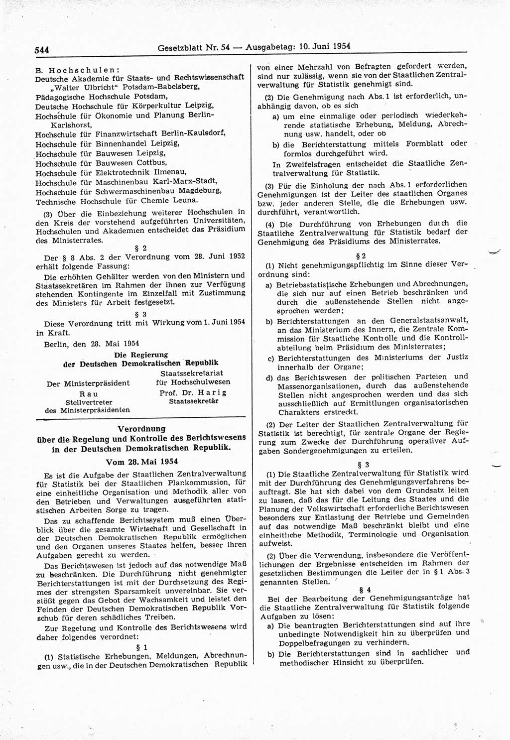 Gesetzblatt (GBl.) der Deutschen Demokratischen Republik (DDR) 1954, Seite 544 (GBl. DDR 1954, S. 544)