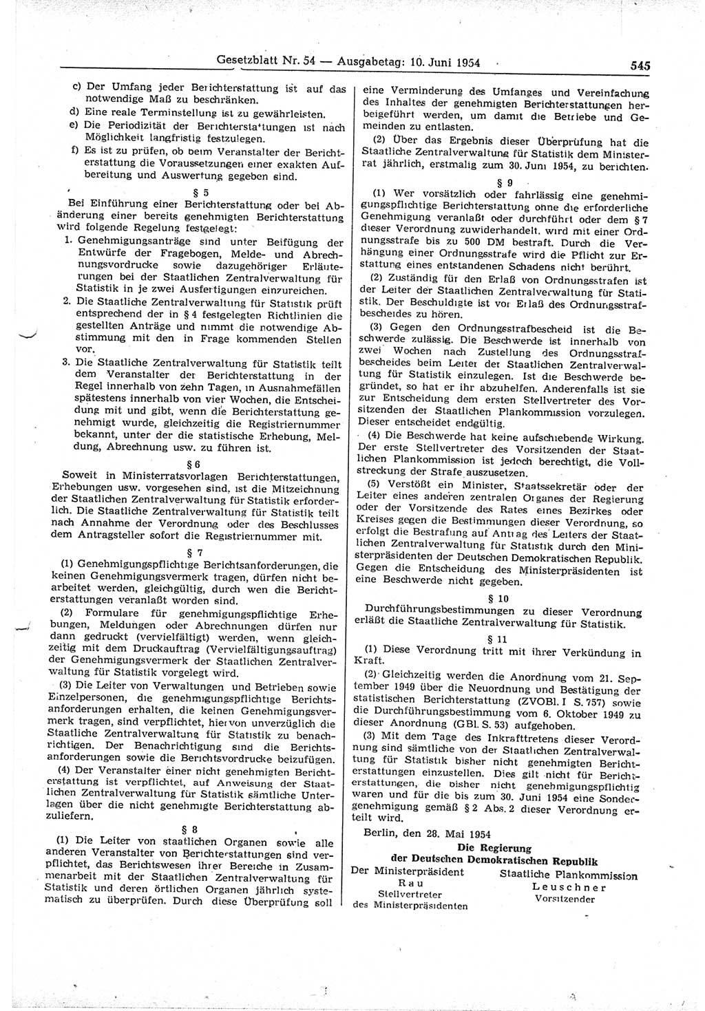 Gesetzblatt (GBl.) der Deutschen Demokratischen Republik (DDR) 1954, Seite 545 (GBl. DDR 1954, S. 545)