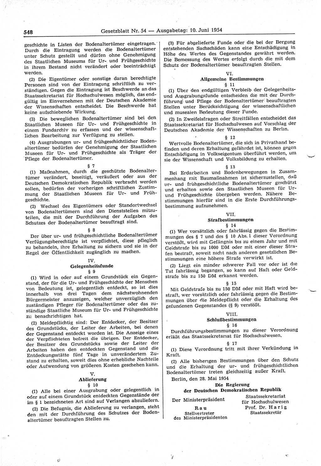 Gesetzblatt (GBl.) der Deutschen Demokratischen Republik (DDR) 1954, Seite 548 (GBl. DDR 1954, S. 548)