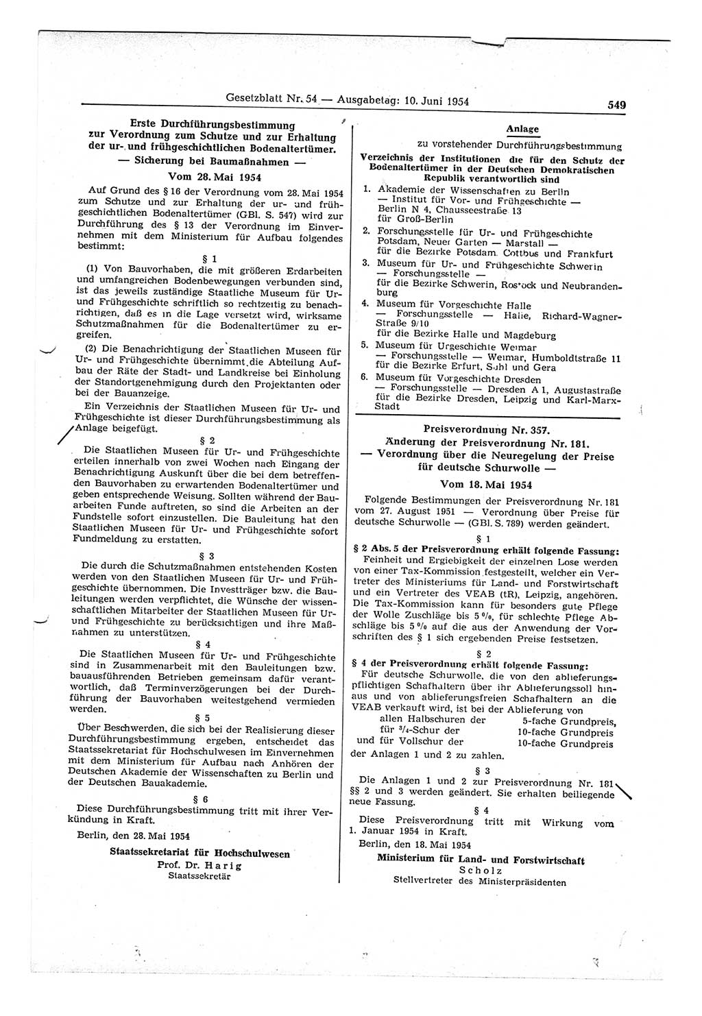 Gesetzblatt (GBl.) der Deutschen Demokratischen Republik (DDR) 1954, Seite 549 (GBl. DDR 1954, S. 549)