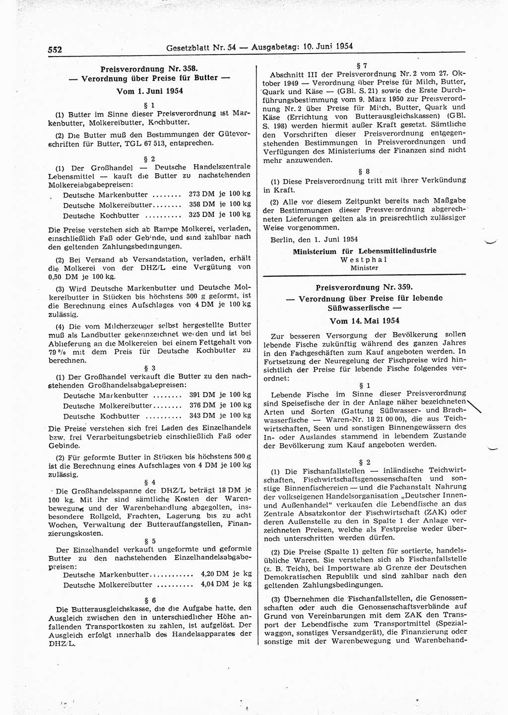 Gesetzblatt (GBl.) der Deutschen Demokratischen Republik (DDR) 1954, Seite 552 (GBl. DDR 1954, S. 552)