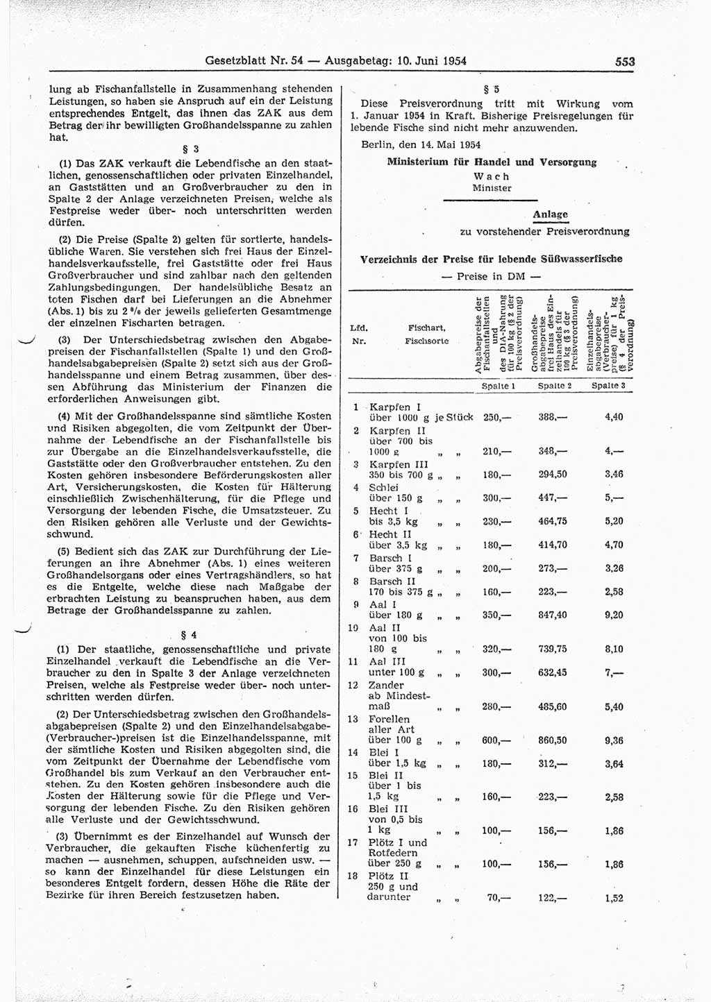 Gesetzblatt (GBl.) der Deutschen Demokratischen Republik (DDR) 1954, Seite 553 (GBl. DDR 1954, S. 553)