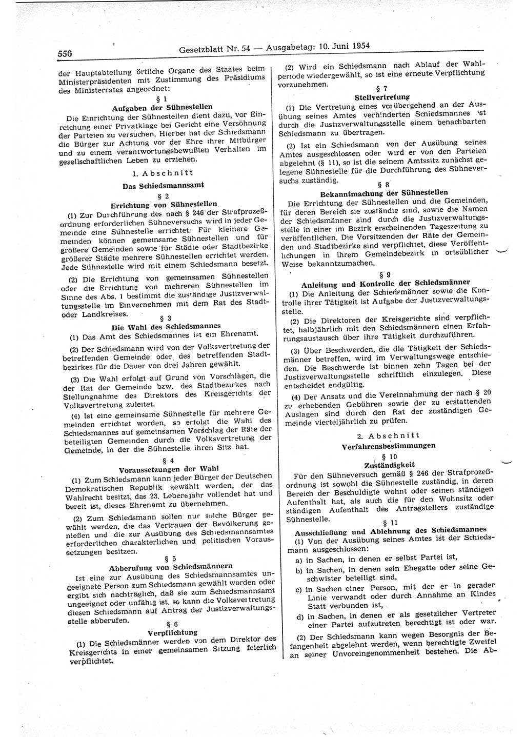 Gesetzblatt (GBl.) der Deutschen Demokratischen Republik (DDR) 1954, Seite 556 (GBl. DDR 1954, S. 556)