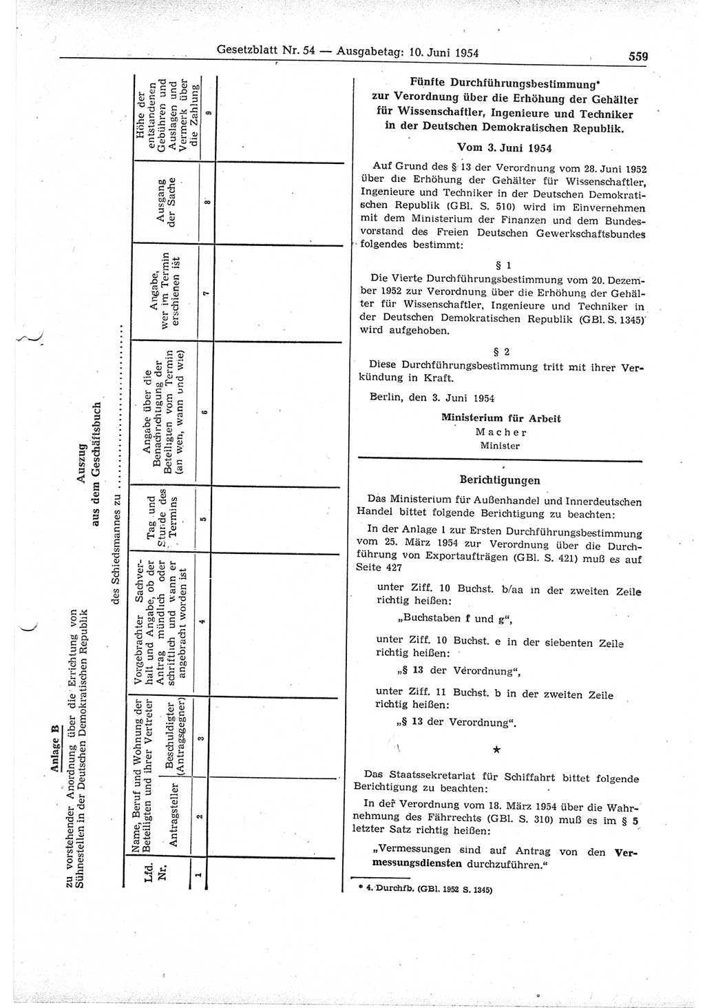 Gesetzblatt (GBl.) der Deutschen Demokratischen Republik (DDR) 1954, Seite 559 (GBl. DDR 1954, S. 559)