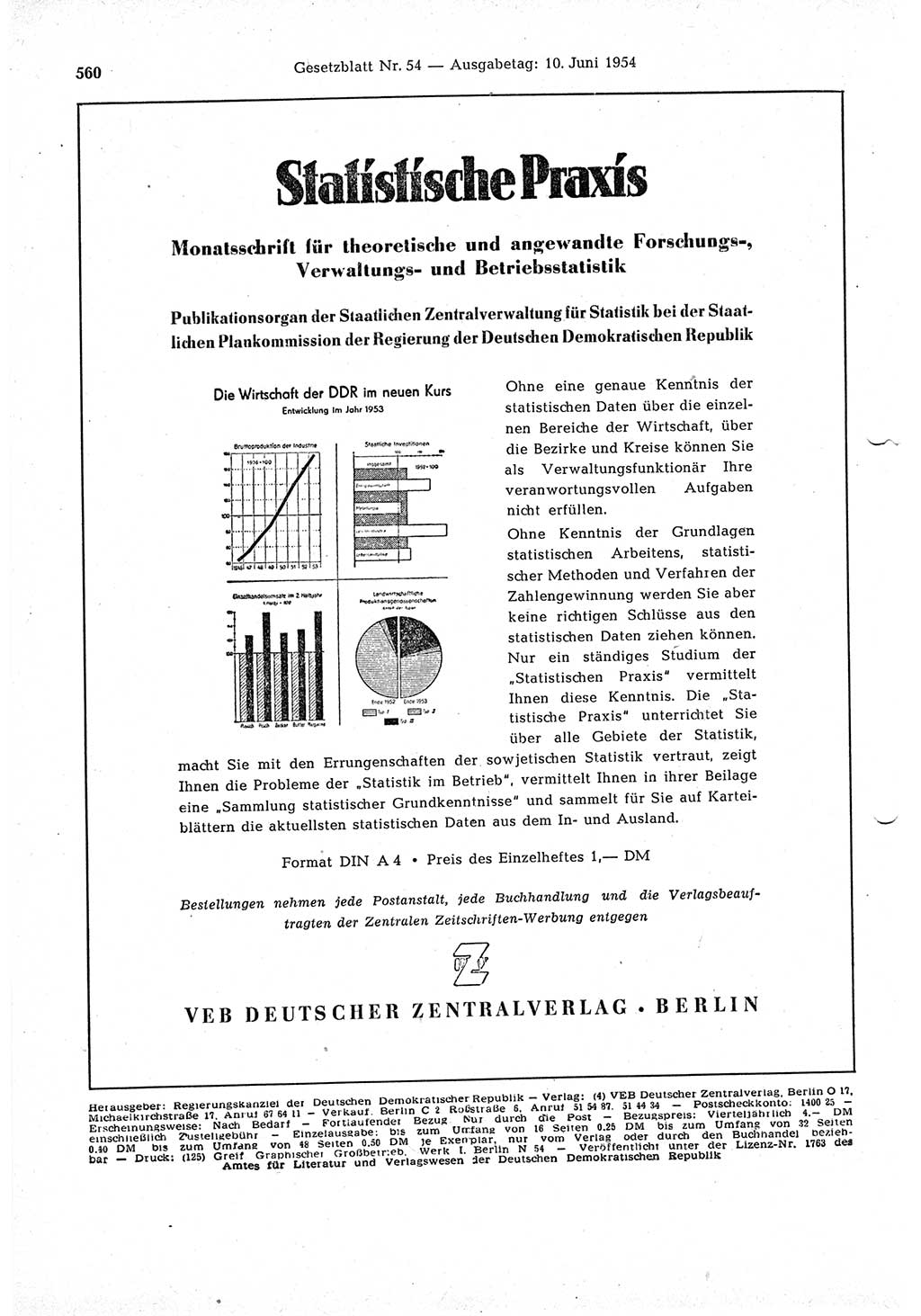 Gesetzblatt (GBl.) der Deutschen Demokratischen Republik (DDR) 1954, Seite 560 (GBl. DDR 1954, S. 560)