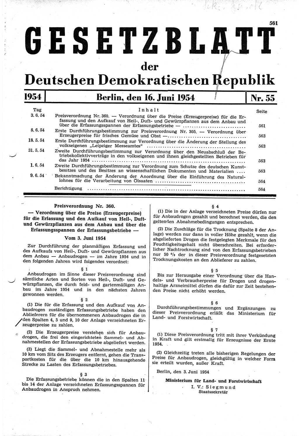 Gesetzblatt (GBl.) der Deutschen Demokratischen Republik (DDR) 1954, Seite 561 (GBl. DDR 1954, S. 561)