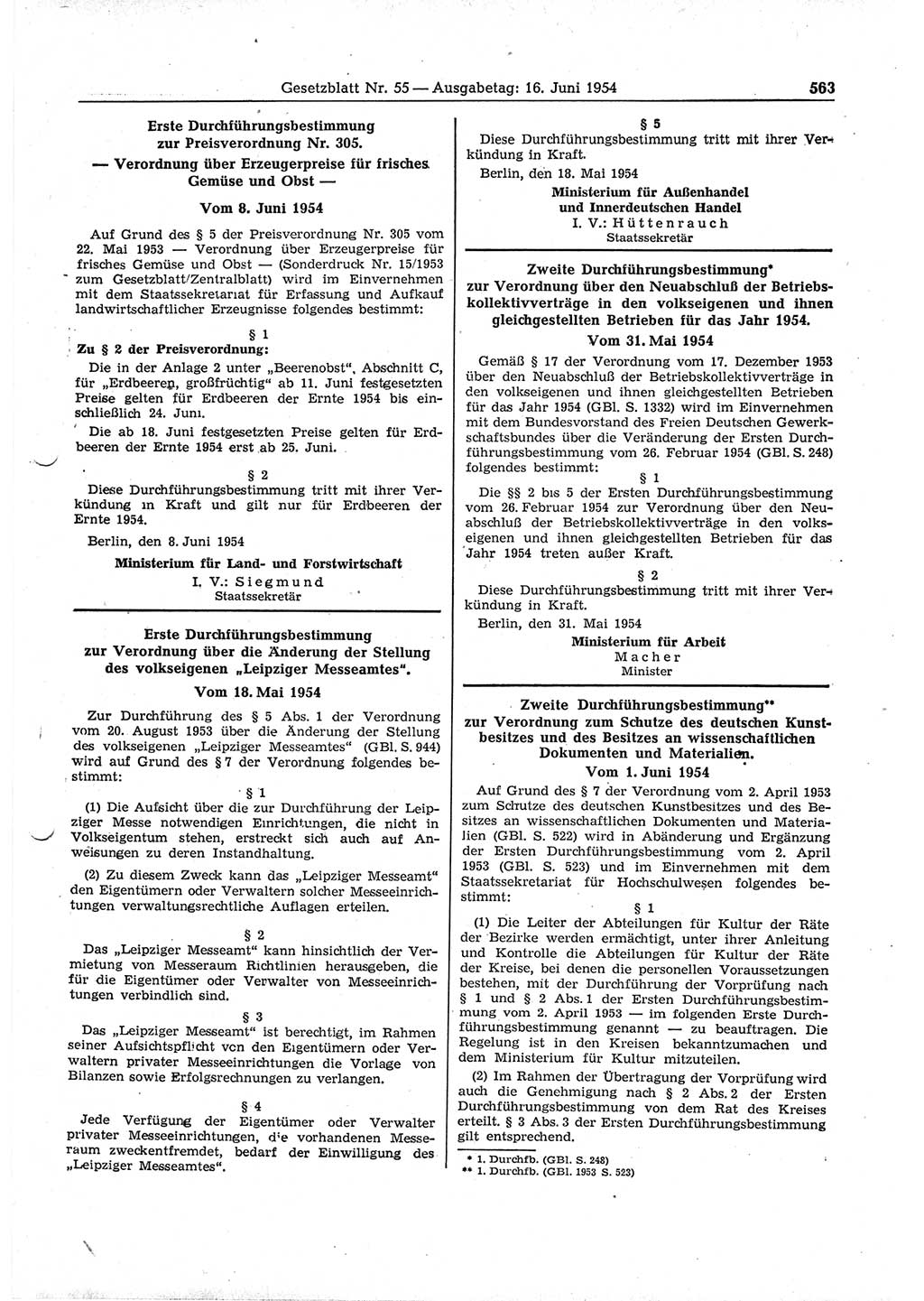 Gesetzblatt (GBl.) der Deutschen Demokratischen Republik (DDR) 1954, Seite 563 (GBl. DDR 1954, S. 563)