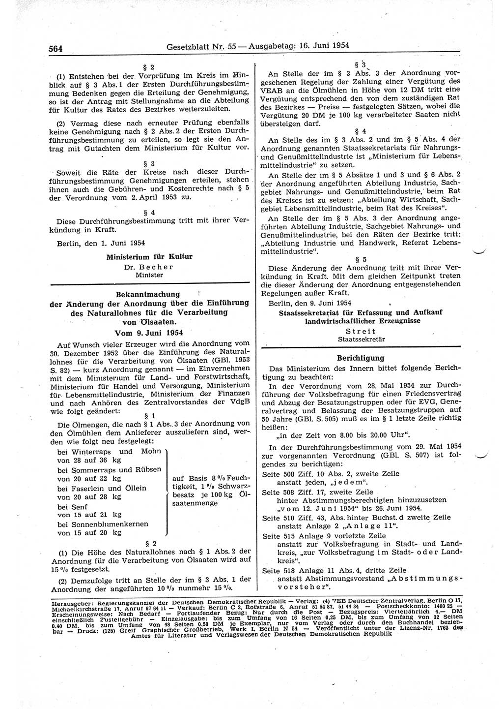 Gesetzblatt (GBl.) der Deutschen Demokratischen Republik (DDR) 1954, Seite 564 (GBl. DDR 1954, S. 564)