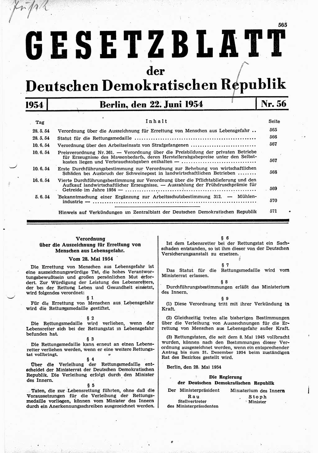 Gesetzblatt (GBl.) der Deutschen Demokratischen Republik (DDR) 1954, Seite 565 (GBl. DDR 1954, S. 565)