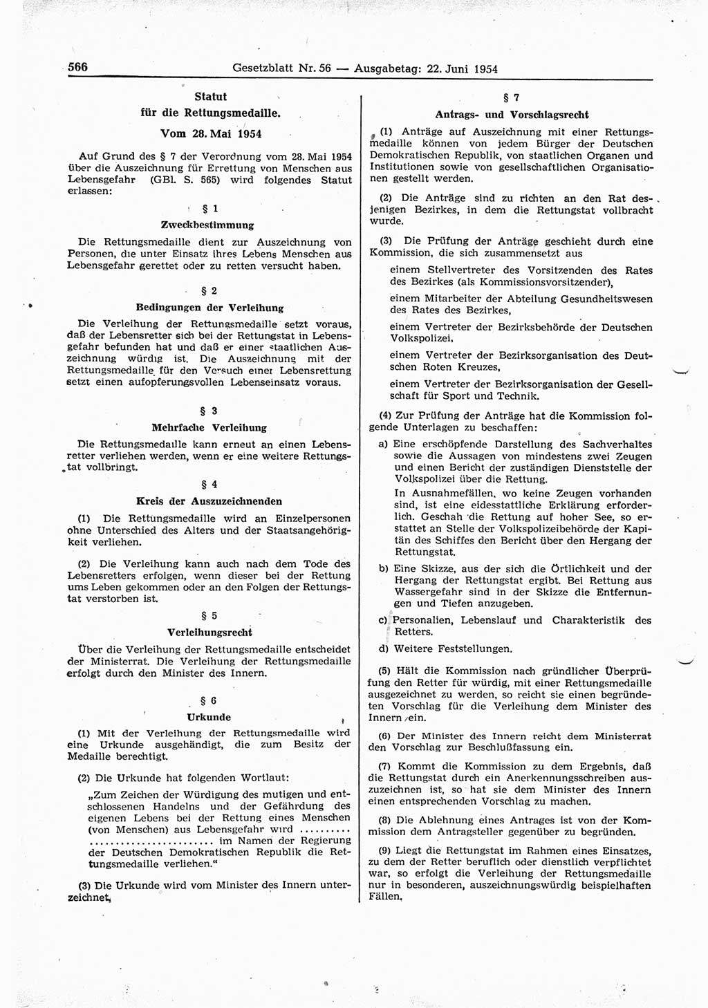 Gesetzblatt (GBl.) der Deutschen Demokratischen Republik (DDR) 1954, Seite 566 (GBl. DDR 1954, S. 566)