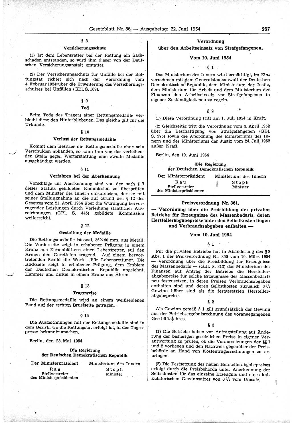 Gesetzblatt (GBl.) der Deutschen Demokratischen Republik (DDR) 1954, Seite 567 (GBl. DDR 1954, S. 567)
