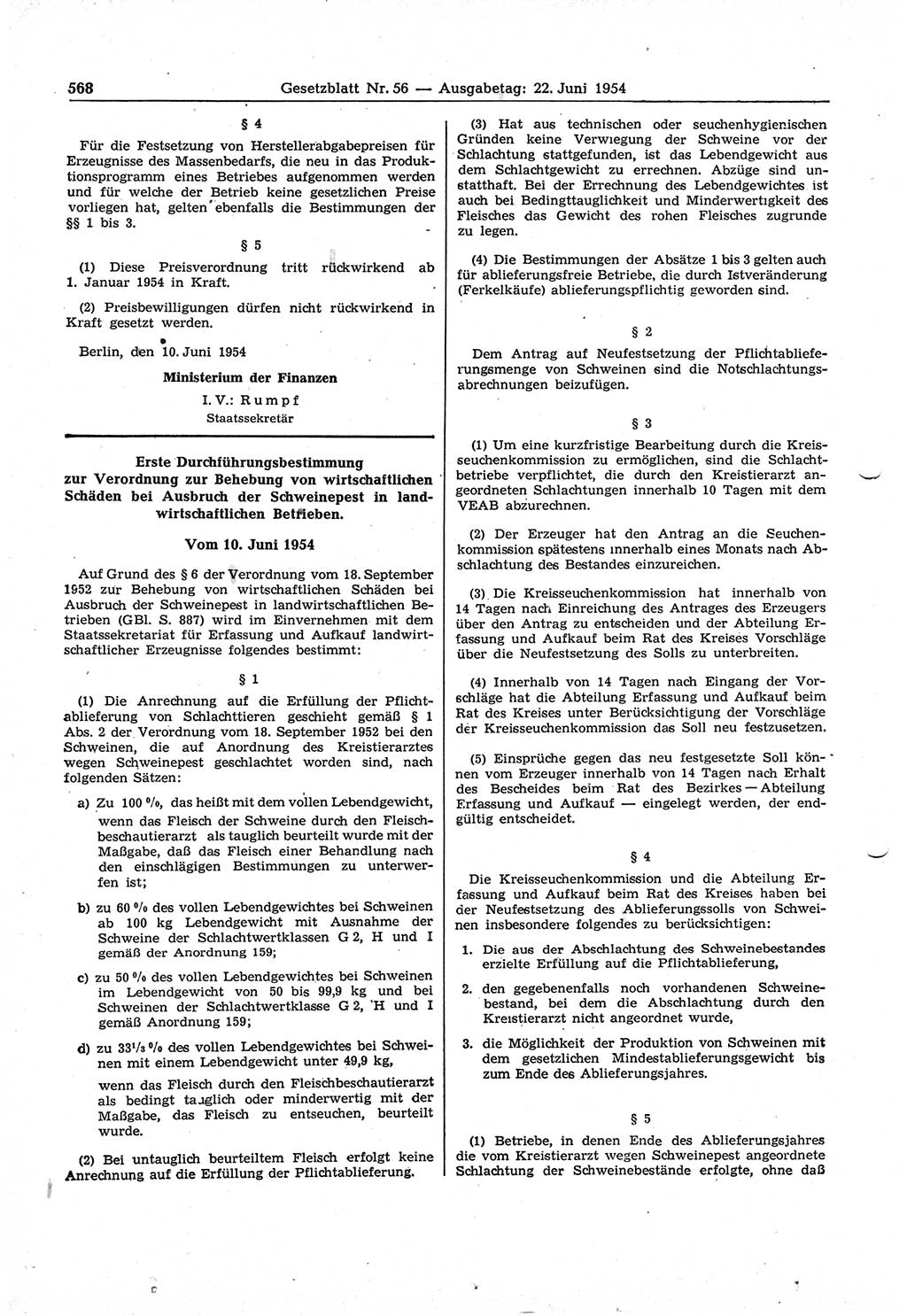 Gesetzblatt (GBl.) der Deutschen Demokratischen Republik (DDR) 1954, Seite 568 (GBl. DDR 1954, S. 568)