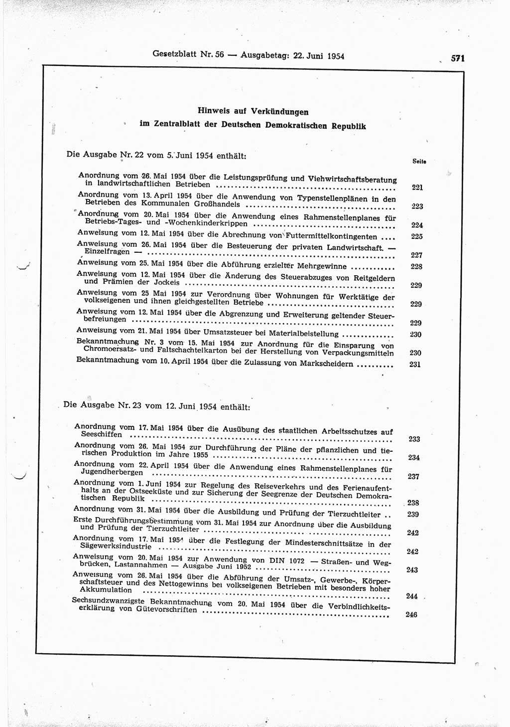 Gesetzblatt (GBl.) der Deutschen Demokratischen Republik (DDR) 1954, Seite 571 (GBl. DDR 1954, S. 571)