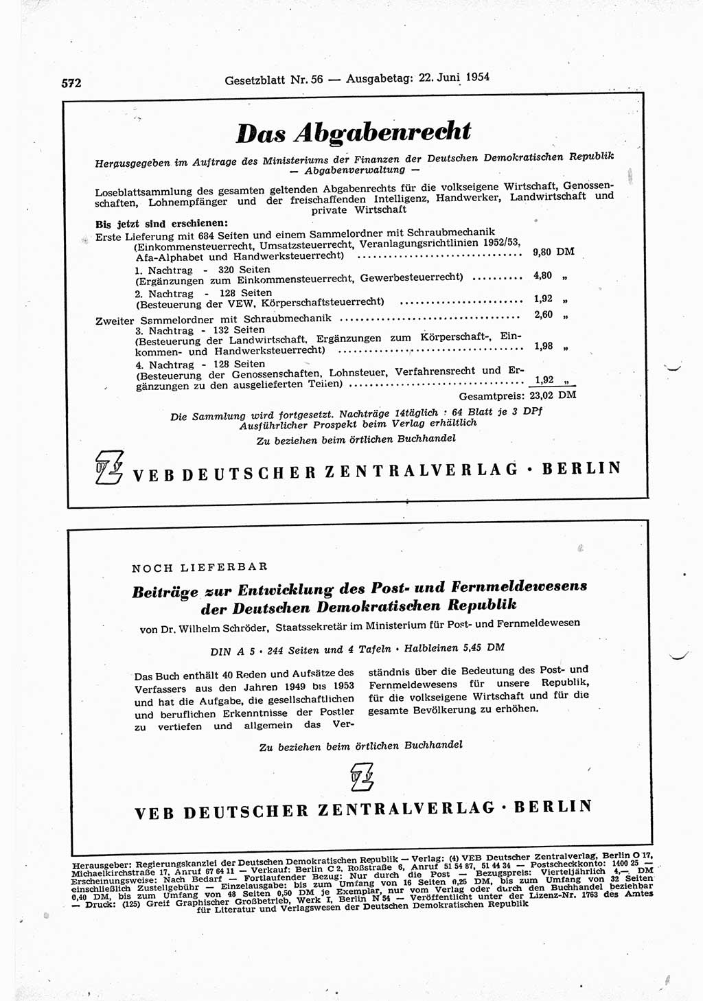 Gesetzblatt (GBl.) der Deutschen Demokratischen Republik (DDR) 1954, Seite 572 (GBl. DDR 1954, S. 572)