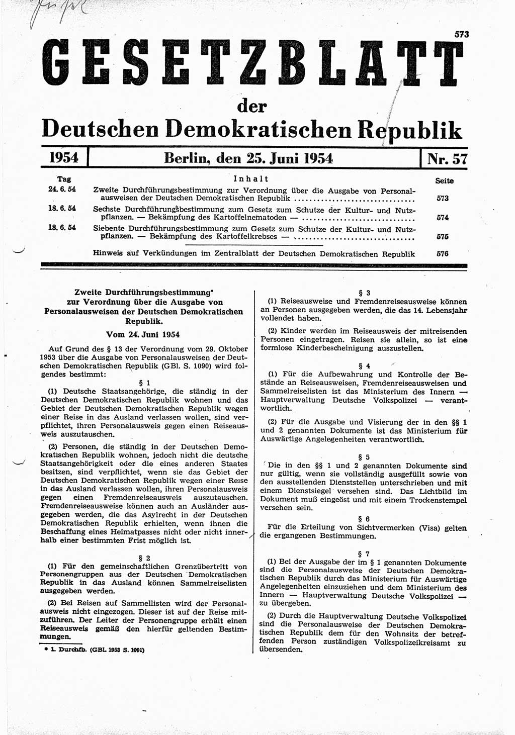 Gesetzblatt (GBl.) der Deutschen Demokratischen Republik (DDR) 1954, Seite 573 (GBl. DDR 1954, S. 573)