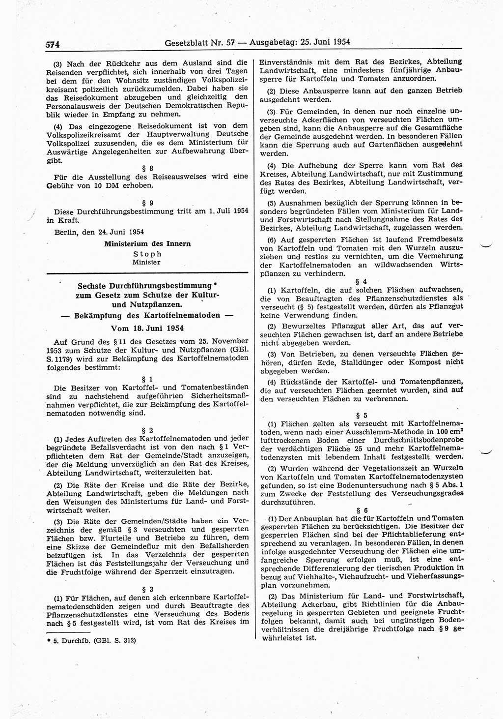 Gesetzblatt (GBl.) der Deutschen Demokratischen Republik (DDR) 1954, Seite 574 (GBl. DDR 1954, S. 574)