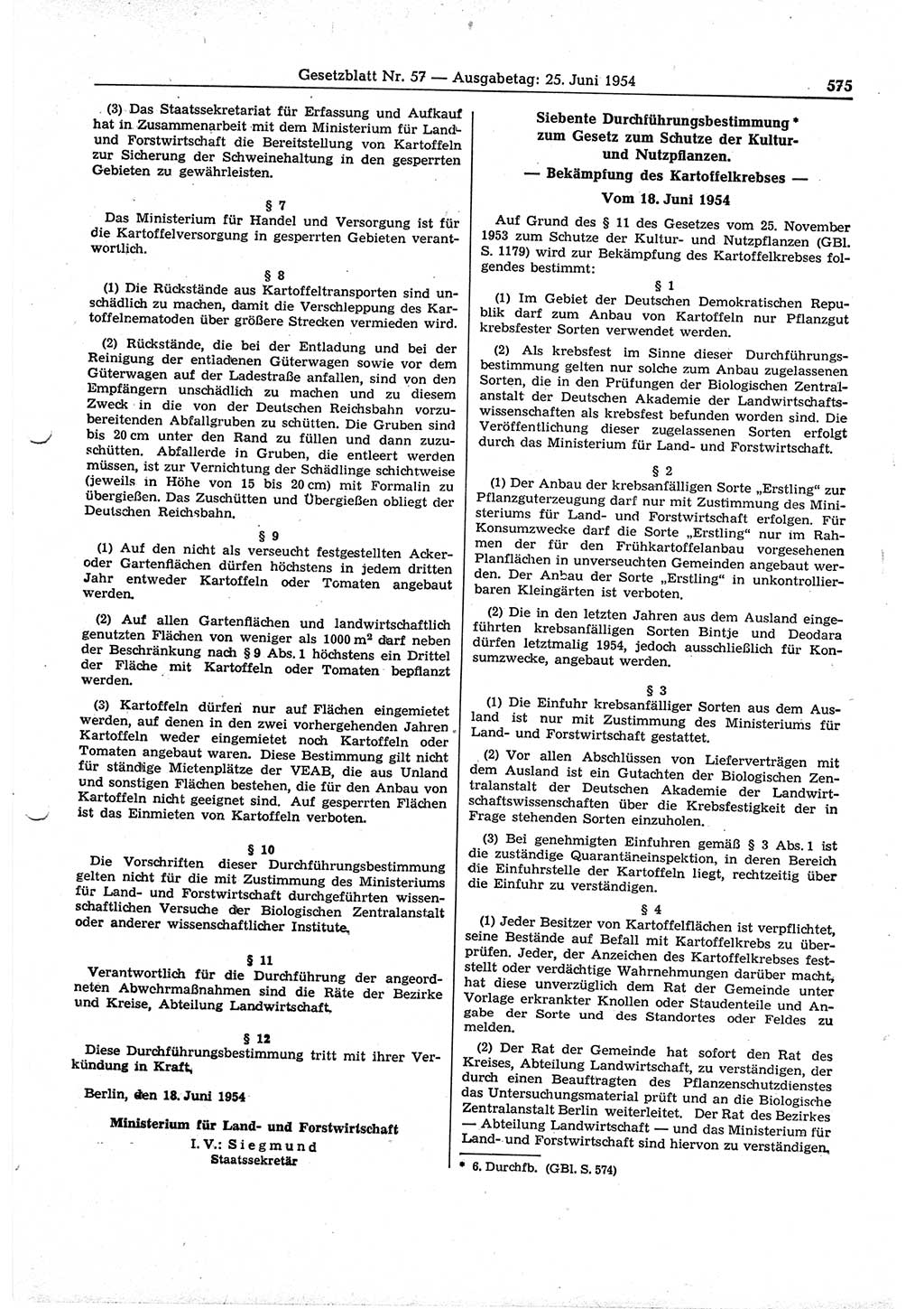Gesetzblatt (GBl.) der Deutschen Demokratischen Republik (DDR) 1954, Seite 575 (GBl. DDR 1954, S. 575)