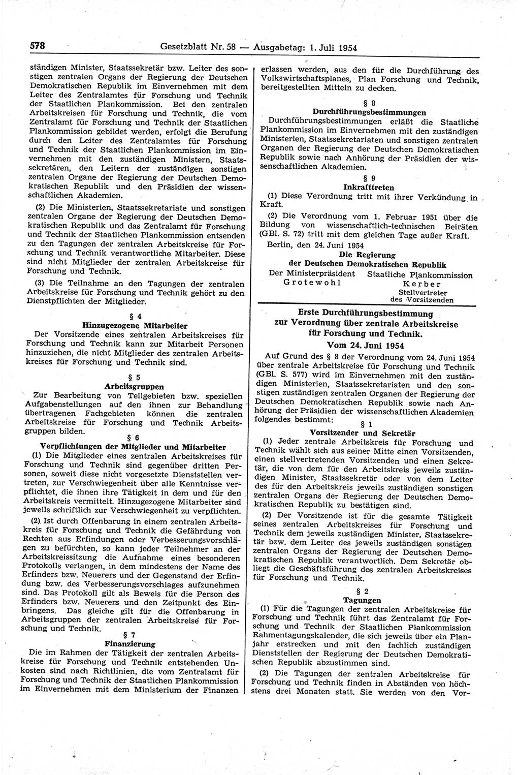 Gesetzblatt (GBl.) der Deutschen Demokratischen Republik (DDR) 1954, Seite 578 (GBl. DDR 1954, S. 578)