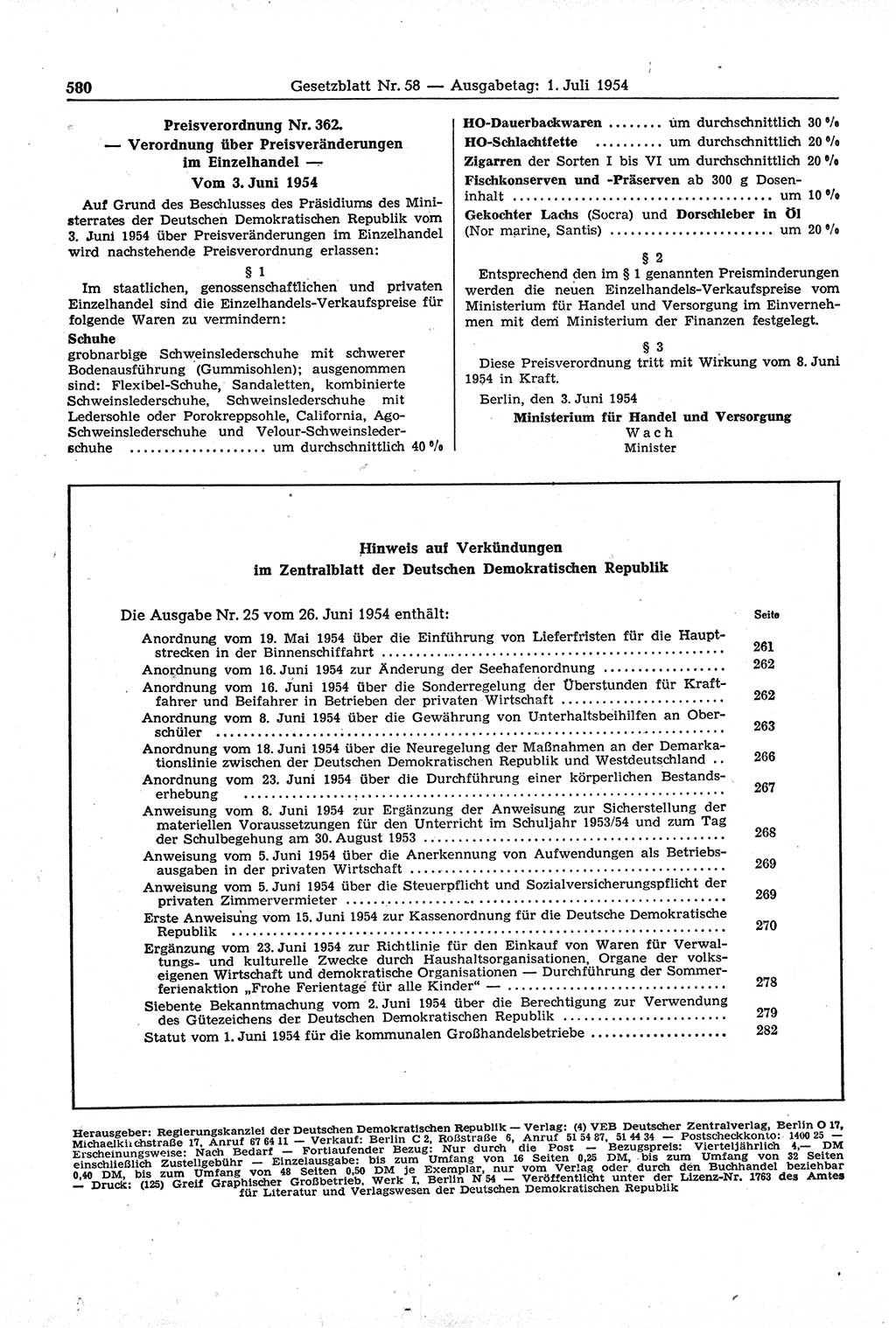 Gesetzblatt (GBl.) der Deutschen Demokratischen Republik (DDR) 1954, Seite 580 (GBl. DDR 1954, S. 580)
