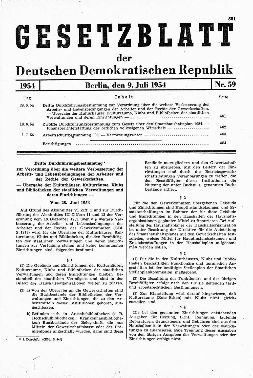 Gesetzblatt (GBl.) der Deutschen Demokratischen Republik (DDR) 1954, Seite 581 (GBl. DDR 1954, S. 581)