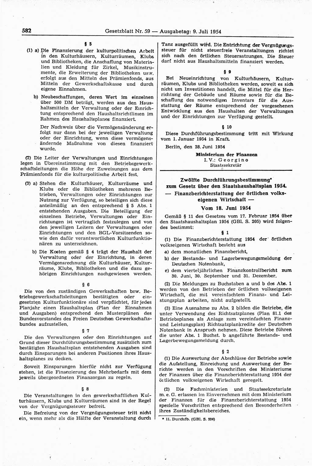 Gesetzblatt (GBl.) der Deutschen Demokratischen Republik (DDR) 1954, Seite 582 (GBl. DDR 1954, S. 582)