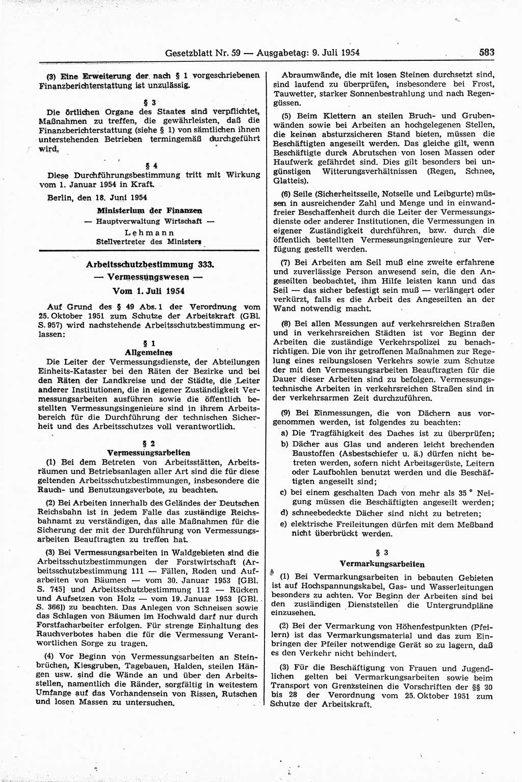 Gesetzblatt (GBl.) der Deutschen Demokratischen Republik (DDR) 1954, Seite 583 (GBl. DDR 1954, S. 583)
